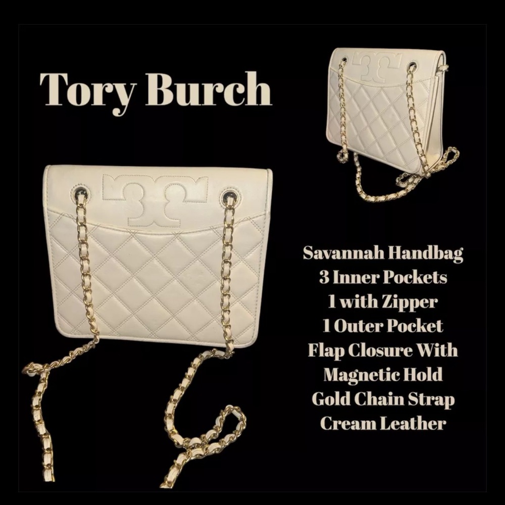 Tory Burch “Savannah” Quilted Gold Chain Strap Ivory Leather Shoulder Bag